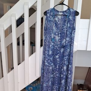 Poupette St Barth Clara Tiered Maxi Dress Blue Starburst Print Like New szM